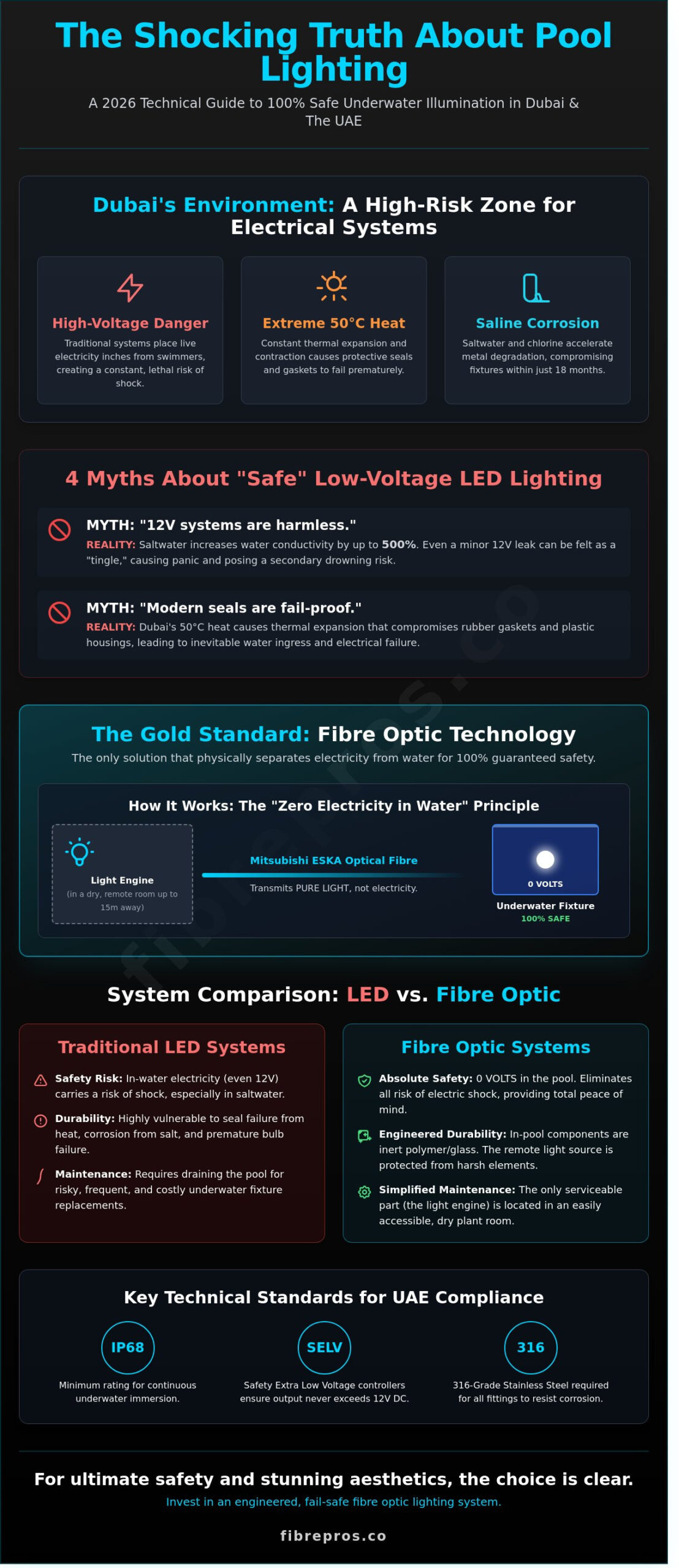 Safe Pool Lighting in Dubai: Myths vs. Fibre Optic Reality (2026 Guide)